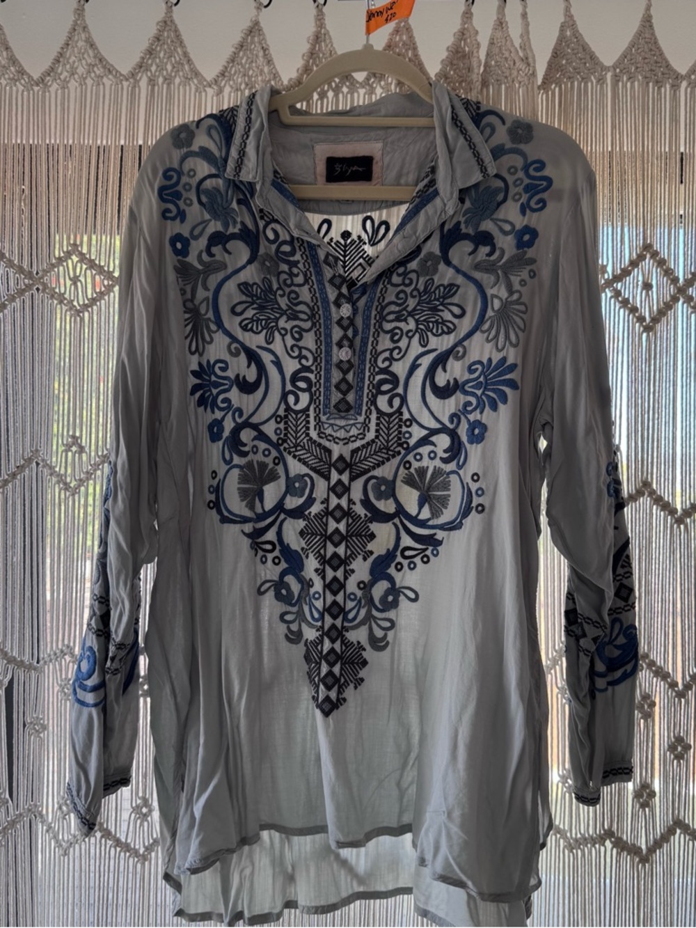 Johnny Was Embroidered Tunic with Blue Floral Motif